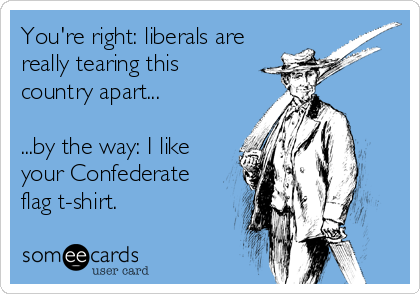 You're right: liberals are
really tearing this
country apart...

...by the way: I like
your Confederate 
flag t-shirt.