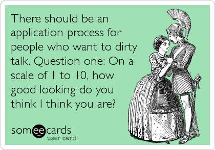 There should be an
application process for
people who want to dirty
talk. Question one: On a
scale of 1 to 10, how
good looking do you<br %2
