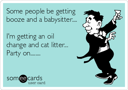 Some people be getting
booze and a babysitter....

I'm getting an oil
change and cat litter...
Party on........