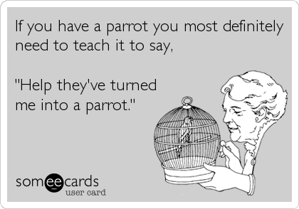 If you have a parrot you most definitely
need to teach it to say,

"Help they've turned
me into a parrot."