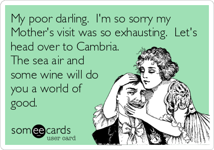 My poor darling.  I'm so sorry my
Mother's visit was so exhausting.  Let's
head over to Cambria. 
The sea air and
some wine will do
you a wo