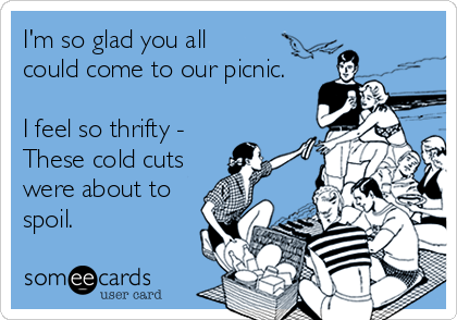 I'm so glad you all
could come to our picnic.

I feel so thrifty -
These cold cuts
were about to
spoil.