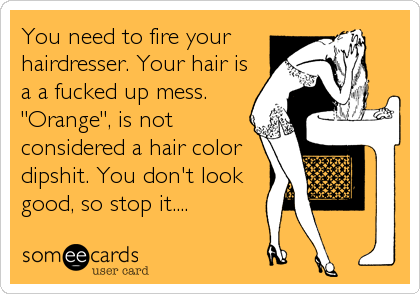 You need to fire yourhairdresser. Your hair isa a fucked up mess."Orange", is notconsidered a hair colordipshit. You don't lookgood, so stop it....