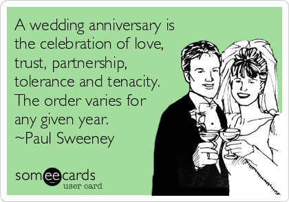 A wedding anniversary is
the celebration of love,
trust, partnership,
tolerance and tenacity.
The order varies for
any given year. 
~Paul Sweeney