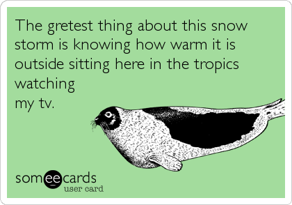 The gretest thing about this snow
storm is knowing how warm it is
outside sitting here in the tropics
watching 
my tv.