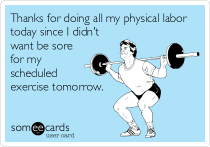 Thanks for doing all my physical labor
today since I didn't
want be sore
for my
scheduled 
exercise tomorrow.