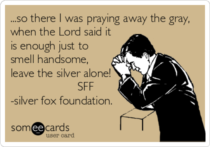 ...so there I was praying away the gray,
when the Lord said it
is enough just to
smell handsome,
leave the silver alone!
                    SFF                 
-silver fox foundation.