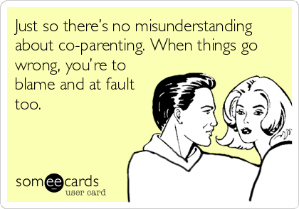 Just so there’s no misunderstanding
about co-parenting. When things go
wrong, you’re to
blame and at fault
too.