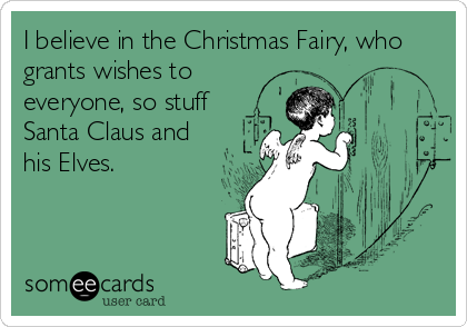 I believe in the Christmas Fairy, who
grants wishes to
everyone, so stuff
Santa Claus and
his Elves.