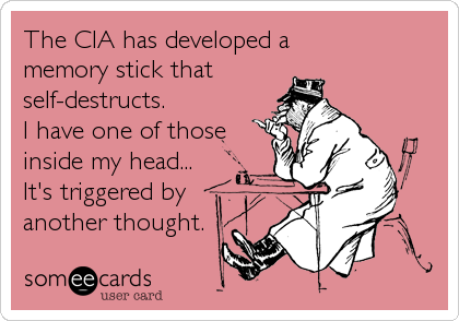 The CIA has developed a
memory stick that
self-destructs. 
I have one of those
inside my head...
It's triggered by
another thought.