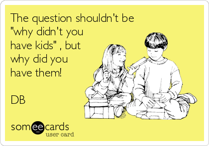 The question shouldn't be
"why didn't you
have kids" , but
why did you
have them!

DB