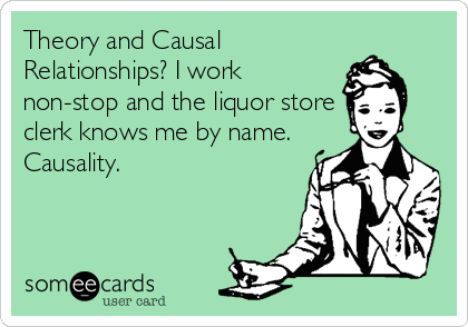 Theory and Causal
Relationships? I work
non-stop and the liquor store
clerk knows me by name.
Causality.