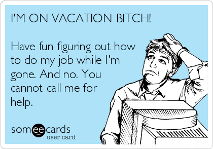 I'M ON VACATION BITCH!

Have fun figuring out how
to do my job while I'm
gone. And no. You
cannot call me for
help.