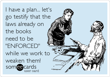 I have a plan... let's
go testify that the
laws already on
the books
need to be
"ENFORCED"
while we work to
weaken them!