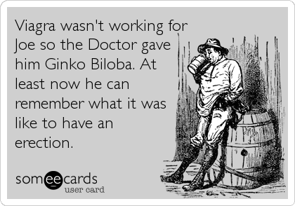 Viagra wasn't working for
Joe so the Doctor gave
him Ginko Biloba. At
least now he can
remember what it was
like to have an
erection.