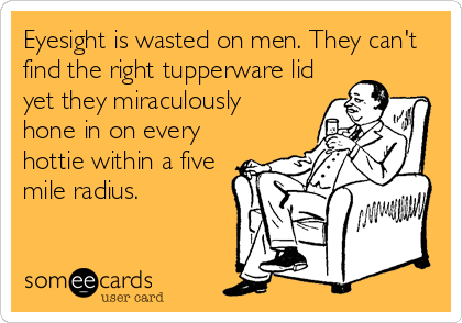 Eyesight is wasted on men. They can't
find the right tupperware lid
yet they miraculously
hone in on every
hottie within a five
mile radius.