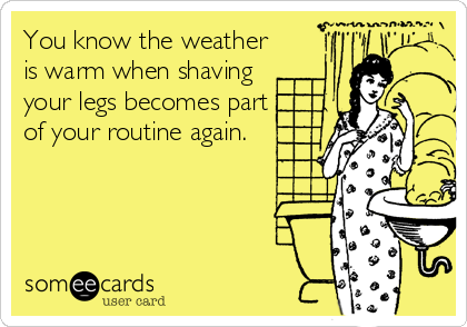 You know the weather
is warm when shaving
your legs becomes part
of your routine again.