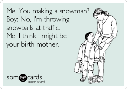Me: You making a snowman?
Boy: No, I'm throwing
snowballs at traffic.
Me: I think I might be
your birth mother.