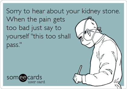 Sorry to hear about your kidney stone.
When the pain gets
too bad just say to
yourself "this too shall
pass."