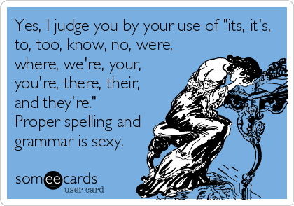 Yes, I judge you by your use of "its, it's,
to, too, know, no, were,
where, we're, your,
you're, there, their,
and they're."
Proper spelling and
grammar is sexy.
