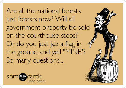 Are all the national forests 
just forests now? Will all
government property be sold
on the courthouse steps? 
Or do you just jab a flag in 
the ground and yell "MINE"? 
So many questions...