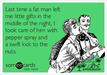 Last time a fat man left
me little gifts in the
middle of the night, I
took care of him with
pepper spray and
a swift kick to the
nuts.