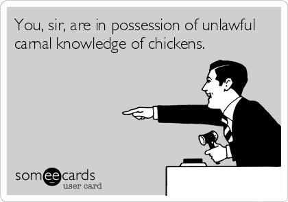 You, sir, are in possession of unlawful
carnal knowledge of chickens.