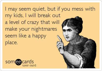 I may seem quiet, but if you mess with
my kids, I will break out
a level of crazy that will
make your nightmares
seem like a happy
place.