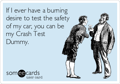 If I ever have a burning
desire to test the safety
of my car, you can be
my Crash Test
Dummy.
