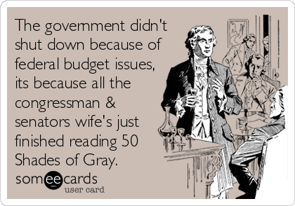 The government didn't
shut down because of
federal budget issues,
its because all the
congressman &
senators wife's just
finished reading 50
Shades of Gray.