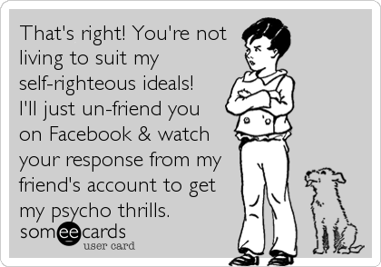 That's right! You're not
living to suit my
self-righteous ideals! 
I'll just un-friend you 
on Facebook & watch
your response from my
friend's account to get
my psycho thrills.