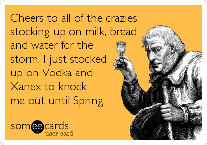 Cheers to all of the crazies
stocking up on milk, bread
and water for the
storm. I just stocked
up on Vodka and
Xanex to knock
me out