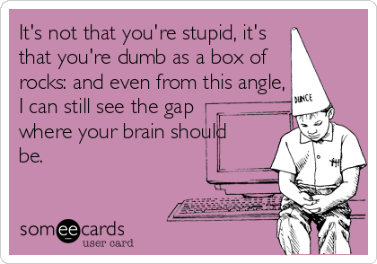 It's not that you're stupid, it's
that you're dumb as a box of
rocks: and even from this angle,
I can still see the gap
where your brain should
be.