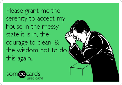 Please grant me the
serenity to accept my
house in the messy
state it is in, the
courage to clean, & 
the wisdom not to do
this again...