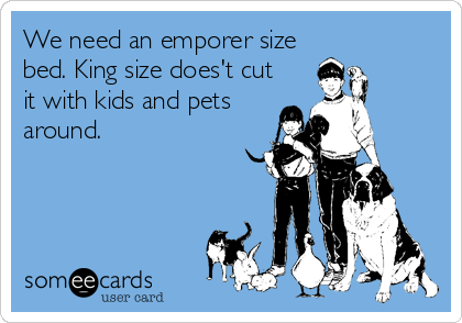 We need an emporer size
bed. King size does't cut
it with kids and pets
around.