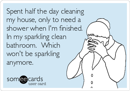 Spent half the day cleaning
my house, only to need a
shower when I'm finished.
In my sparkling clean
bathroom.  Which
won't be sparkling
anymore.