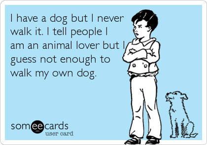 I have a dog but I never
walk it. I tell people I
am an animal lover but I
guess not enough to
walk my own dog.