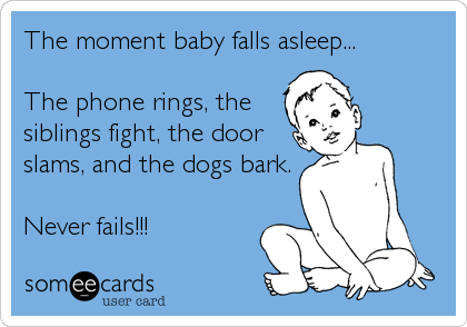 The moment baby falls asleep...

The phone rings, the
siblings fight, the door
slams, and the dogs bark.

Never fails!!!