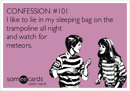 CONFESSION #101
I like to lie in my sleeping bag on the
trampoline all night
and watch for
meteors.