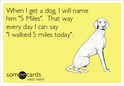 When I get a dog, I will name
him "5 Miles".  That way
every day I can say
"I walked 5 miles today".