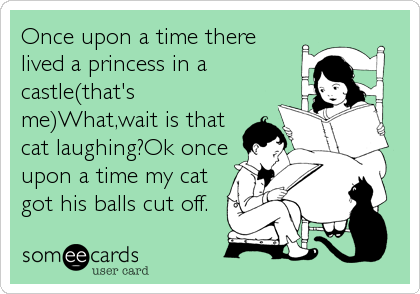 Once upon a time there
lived a princess in a
castle(that's
me)What,wait is that
cat laughing?Ok once
upon a time my cat
got his balls c