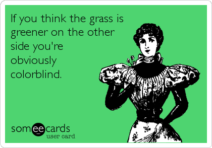If you think the grass is
greener on the other
side you're
obviously
colorblind.