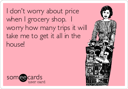 I don't worry about price
when I grocery shop.  I
worry how many trips it will
take me to get it all in the
house!