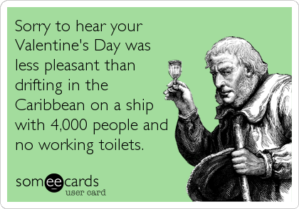 Sorry to hear your
Valentine's Day was
less pleasant than
drifting in the
Caribbean on a ship
with 4,000 people and
no working toilets.