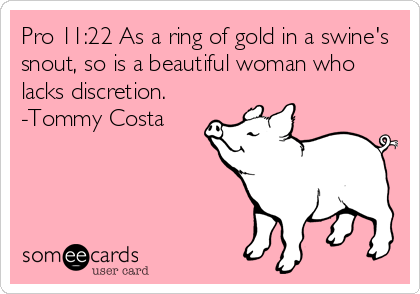 Pro 11:22 As a ring of gold in a swine's
snout, so is a beautiful woman who
lacks discretion.
-Tommy Costa