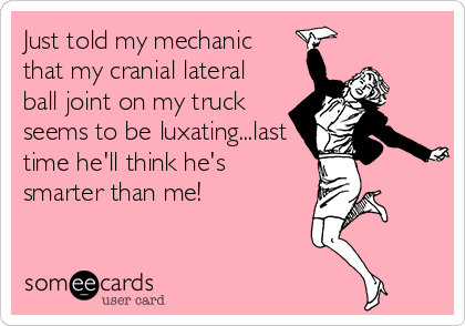 Just told my mechanic 
that my cranial lateral
ball joint on my truck
seems to be luxating...last
time he'll think he's
smarter than me!