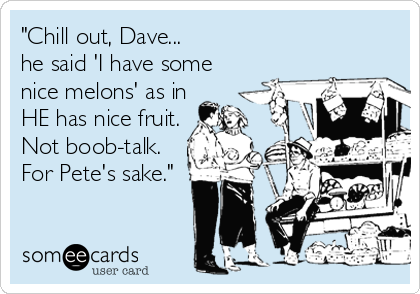 "Chill out, Dave...
he said 'I have some
nice melons' as in
HE has nice fruit.
Not boob-talk. 
For Pete's sake."