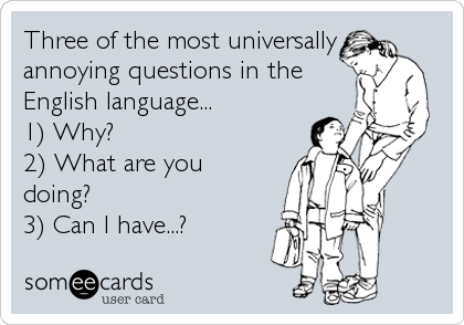 Three of the most universally 
annoying questions in the
English language...
1) Why? 
2) What are you
doing?
3) Can I have...?