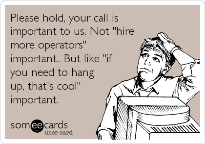 Please hold, your call is
important to us. Not "hire
more operators"
important.. But like "if
you need to hang
up, that's cool"
imp