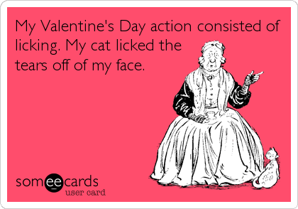 My Valentine's Day action consisted of
licking. My cat licked the
tears off of my face.